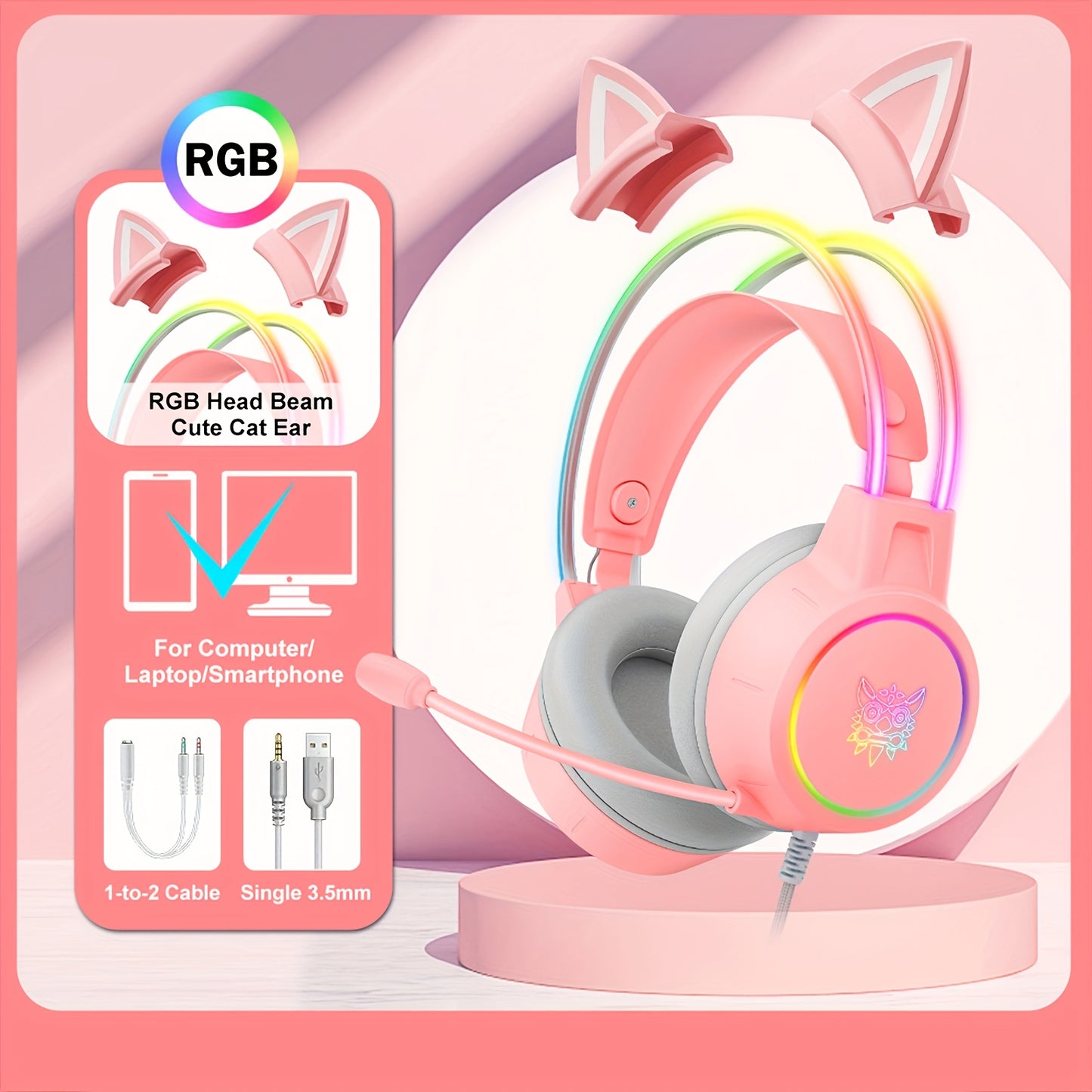 ONIKUMA X15pro Cat Ears Gaming Headset with LED Light-Up Headband, Wired, Noise-Canceling Mic for PC & Laptop
