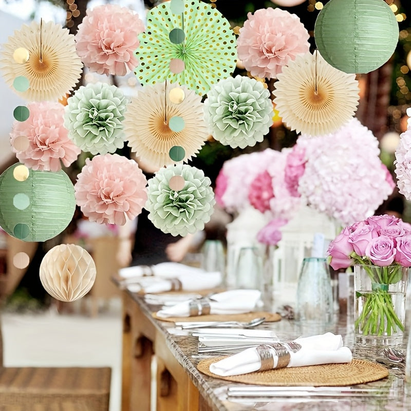 14pcs-Sage Green Paper Fan Lantern Set Bean Green Paper Flower Round Pieces String Wedding Party Decoration Supplies