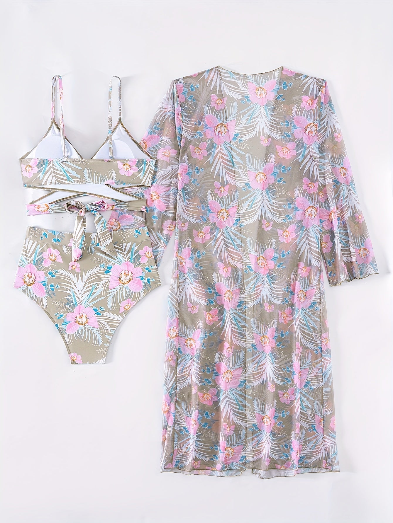 3 Piece Set Stretchy Floral Print Long Sleeve V Neck Tie Back Swimsuits - High Stretch Polyester Bikini Set with Kimono Cover Up - Perfect for Swimming and Beach Activities