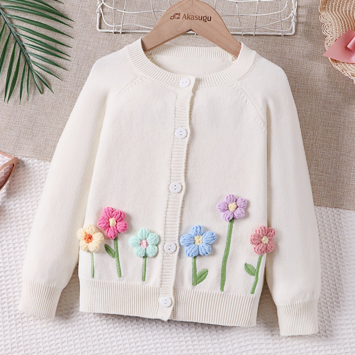 Girls' Beige Cardigan Sweater with Collar & Flower Patches - Sweet Smock Dress Style Jacket, Soft Button-Front Closure for, Parties, - Cozy Fall Winter Outerwear (Pink/Yellow/Blue/Purple) - No-Sew Applique Design