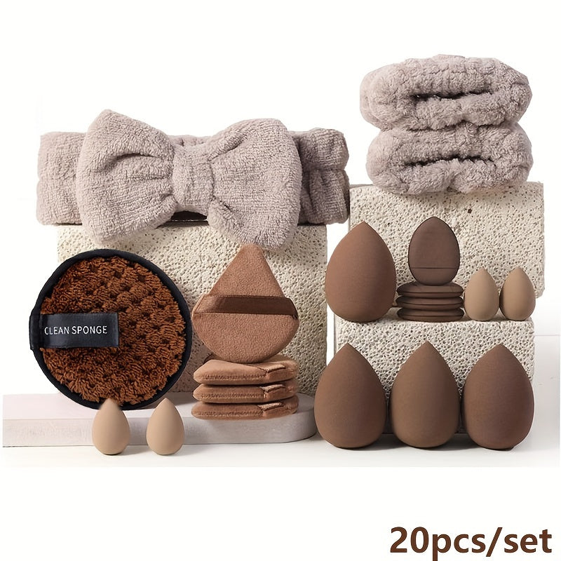 A 20/40pcs Makeup Tool Set with Various Specifications Available. The Large Set Includes (20 High-Quality Makeup Brushes + 1 Headband + 2 Wristbands + 1 Makeup Remover Puff + 4 Triangular Velour Puffs + 4 Finger Puffs + 4 Lar