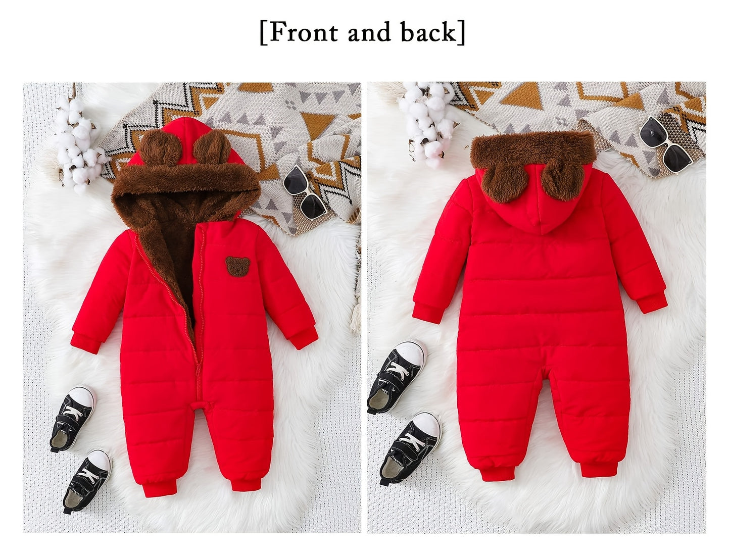 Baby Boy Winter Jumpsuit, Soft Plush Onesie with Hood, Warm Outfit Easy Diaper Change Loose Fit, Newborn Clothing for Infant & Toddler, Perfect for Cold Weather Outdoor & Photoshoots