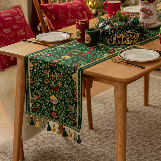 Rectangular Woven Polyester Blend Christmas Table Runner with Tassels - Festive Plant and Flower Pattern, Holiday Party Dining Decor