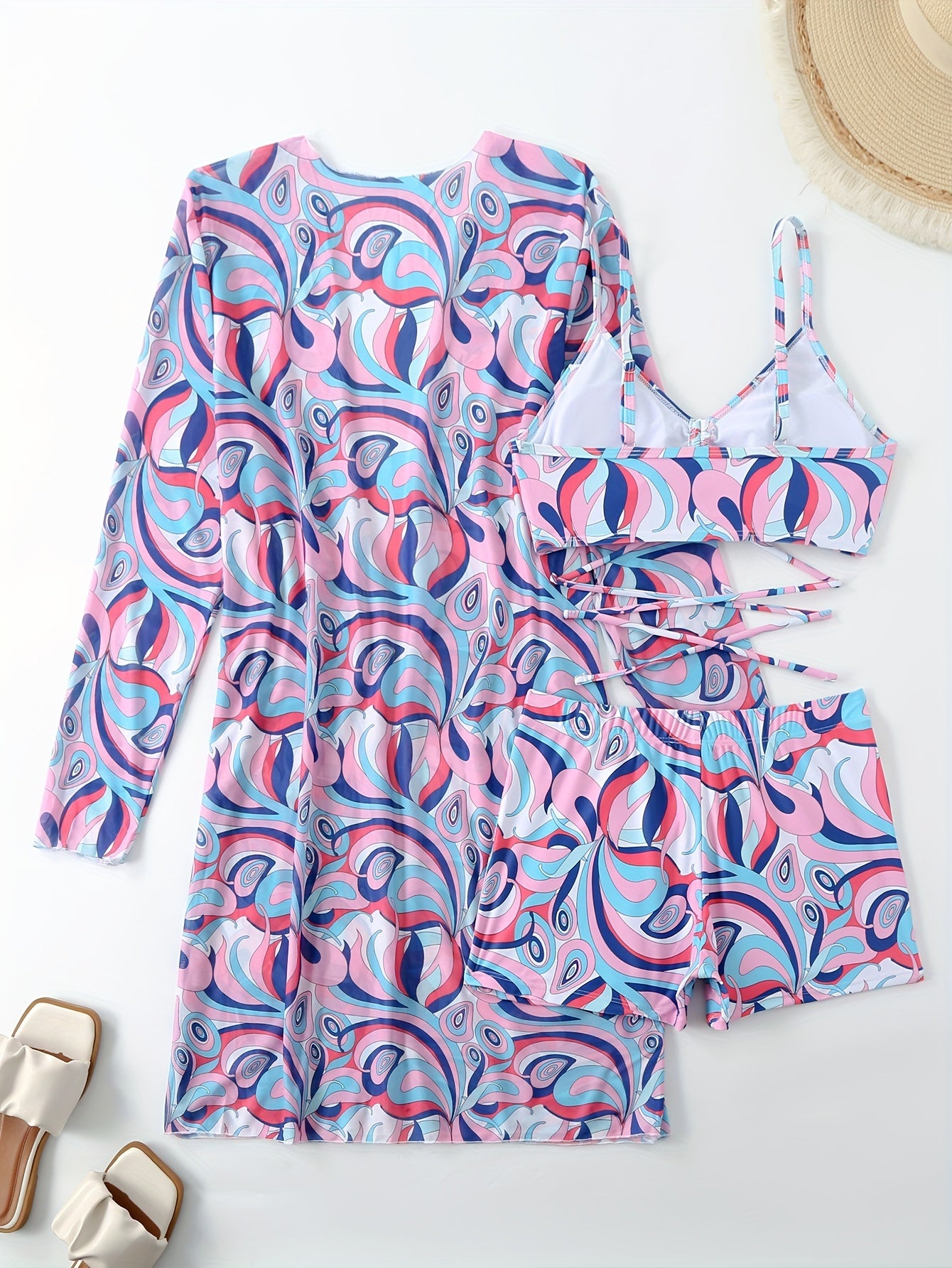 Three-piece swimsuit with flat-leg bikini for women, new style with split top and bow, fashionable beach and swimming outfit