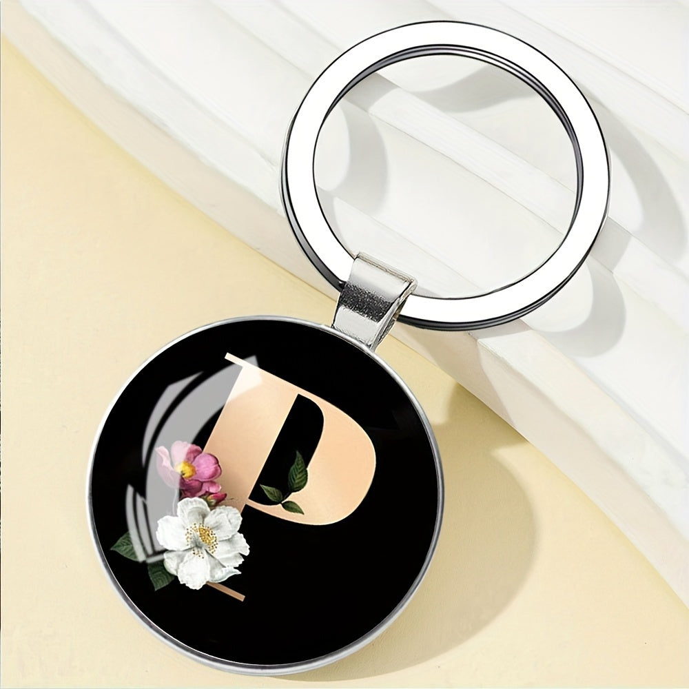 1pc Elegant Floral Alphabet Glass Keychain, Round Character-Themed Alloy Keyring, Romantic Collegiate Style Accessory, Ideal for Birthday, Anniversary, Graduation, Bridal Shower Gifts, and Festive Occasions - Christmas, Hallo