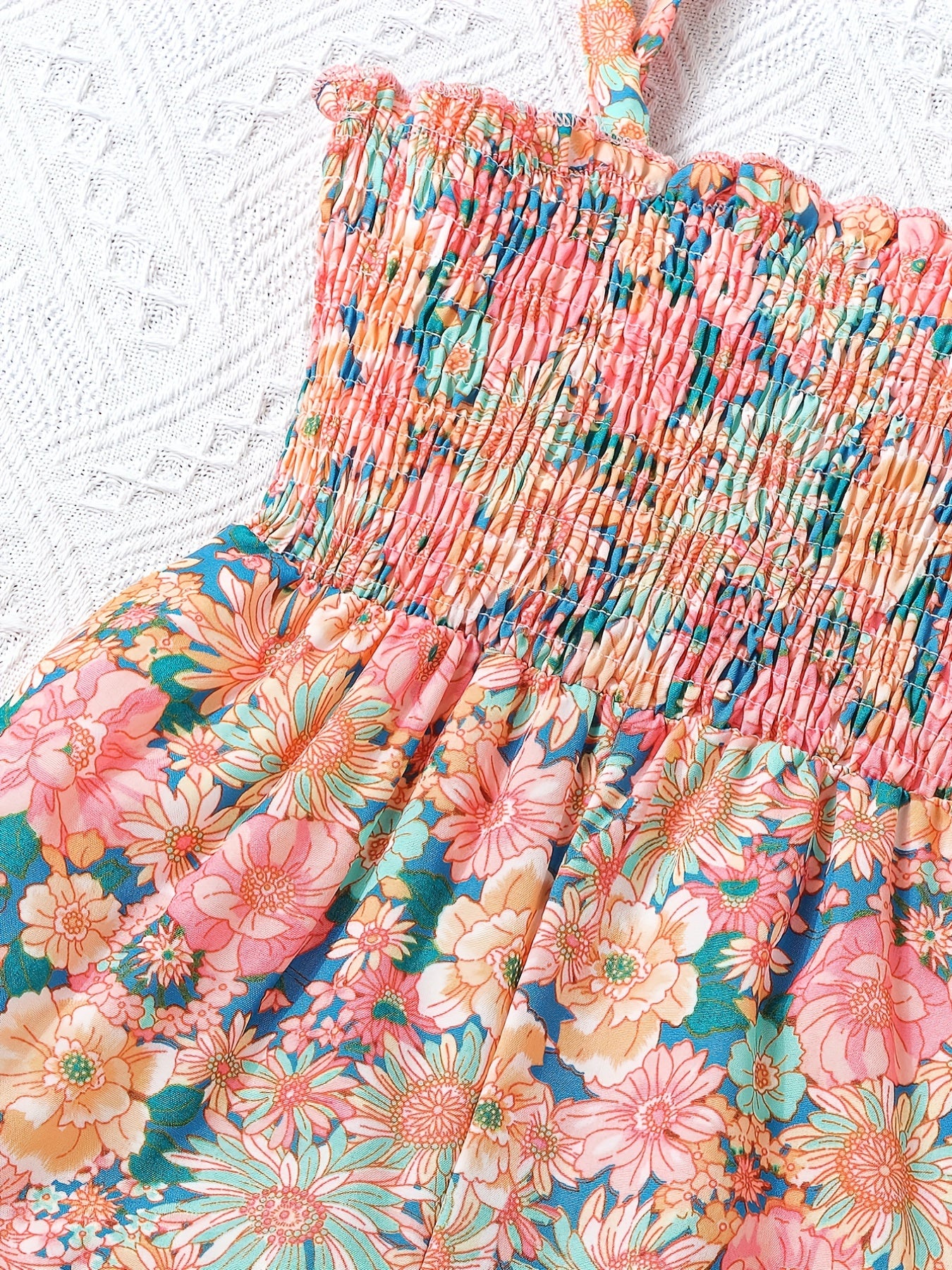 [Boho Flower Jumpsuit] Boho Flower Print Girls Shirred Cami Jumpsuit | For Going Out Party Holiday Kids Summer Clothes