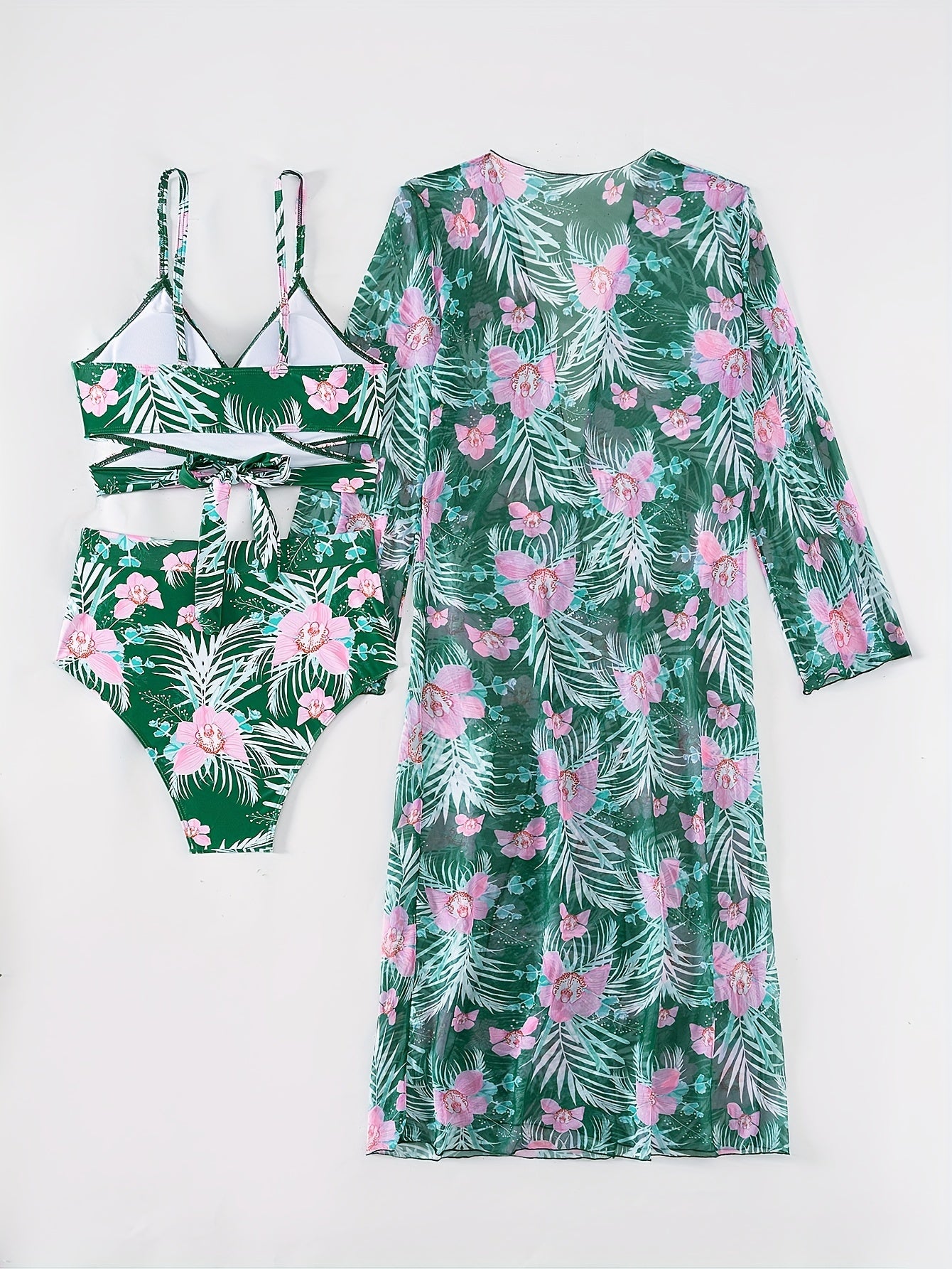 3 Piece Set Stretchy Floral Print Long Sleeve V Neck Tie Back Swimsuits - High Stretch Polyester Bikini Set with Kimono Cover Up - Perfect for Swimming and Beach Activities