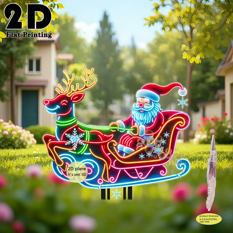 2D Flat, 1pc Neon-Lit Self-Lit Santa & Reindeer Sleigh Garden Stake - Glowing Outdoor/ Christmas Yard Decoration with Plug-Free, Durable Plastic Lawn Sign for Ground, Flower Beds, Parties (Easy Install, Holiday Decor), 2D Fla