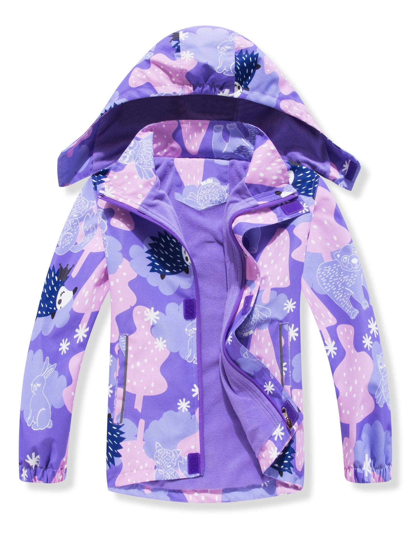 Girls' Gradient Color Hooded Jacket - Lightweight Windproof Winter Coat with Removable Hood, Zipper Closure & Animal Print Design for Casual Outings & Outdoor Play, Hooded Coat, Playful Design