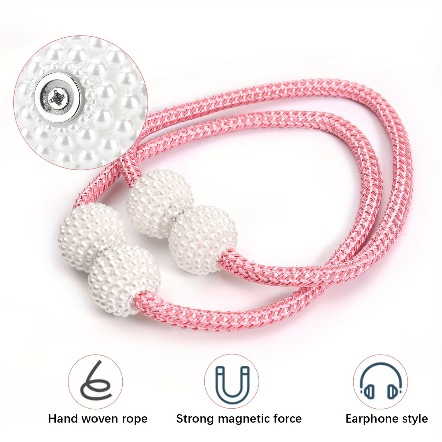 2pcs Elegant Magnetic Curtain Tiebacks - Contemporary Polyester Rope Holdbacks with Pearl-Like Beads, Decorative Window Drapery Ties for Home & Office Decor, Stylish Curtain Tieback|Contemporary Design|Bead Detailing