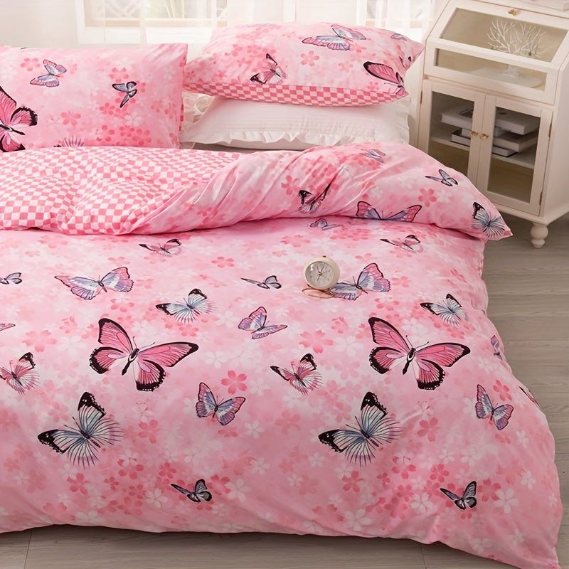 3pcs Fashion Fresh Duvet Cover Set, Butterfly Flower Print Bedding Set, Soft Comfortable Breathable Duvet Cover, For Bedroom Guest Room Decor (1*Duvet Cover + 2*Pillowcase, Without Core)