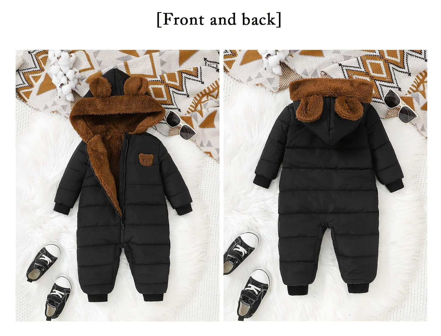 Baby Boy Winter Jumpsuit, Soft Plush Onesie with Hood, Warm Outfit Easy Diaper Change Loose Fit, Newborn Clothing for Infant & Toddler, Perfect for Cold Weather Outdoor & Photoshoots