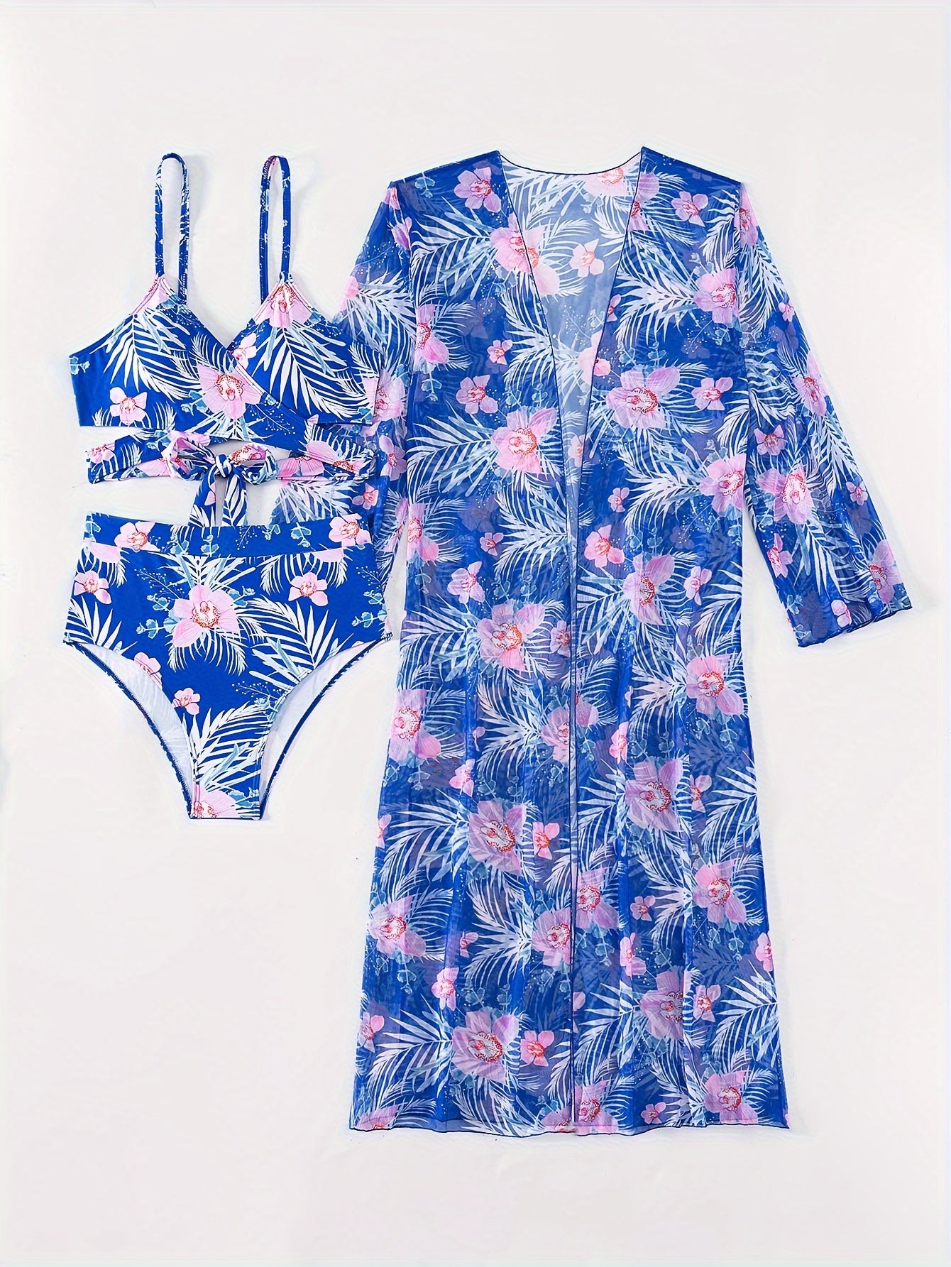 3 Piece Set Stretchy Floral Print Long Sleeve V Neck Tie Back Swimsuits - High Stretch Polyester Bikini Set with Kimono Cover Up - Perfect for Swimming and Beach Activities