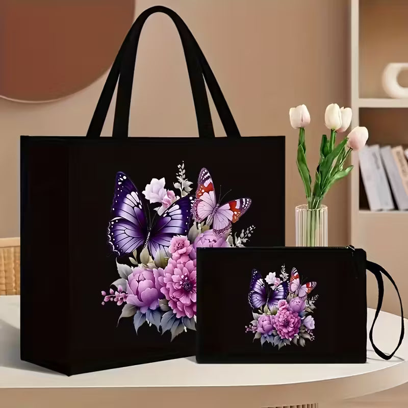 2pcs Floral and Butterfly Print Tote Bag Set with Matching Wallet