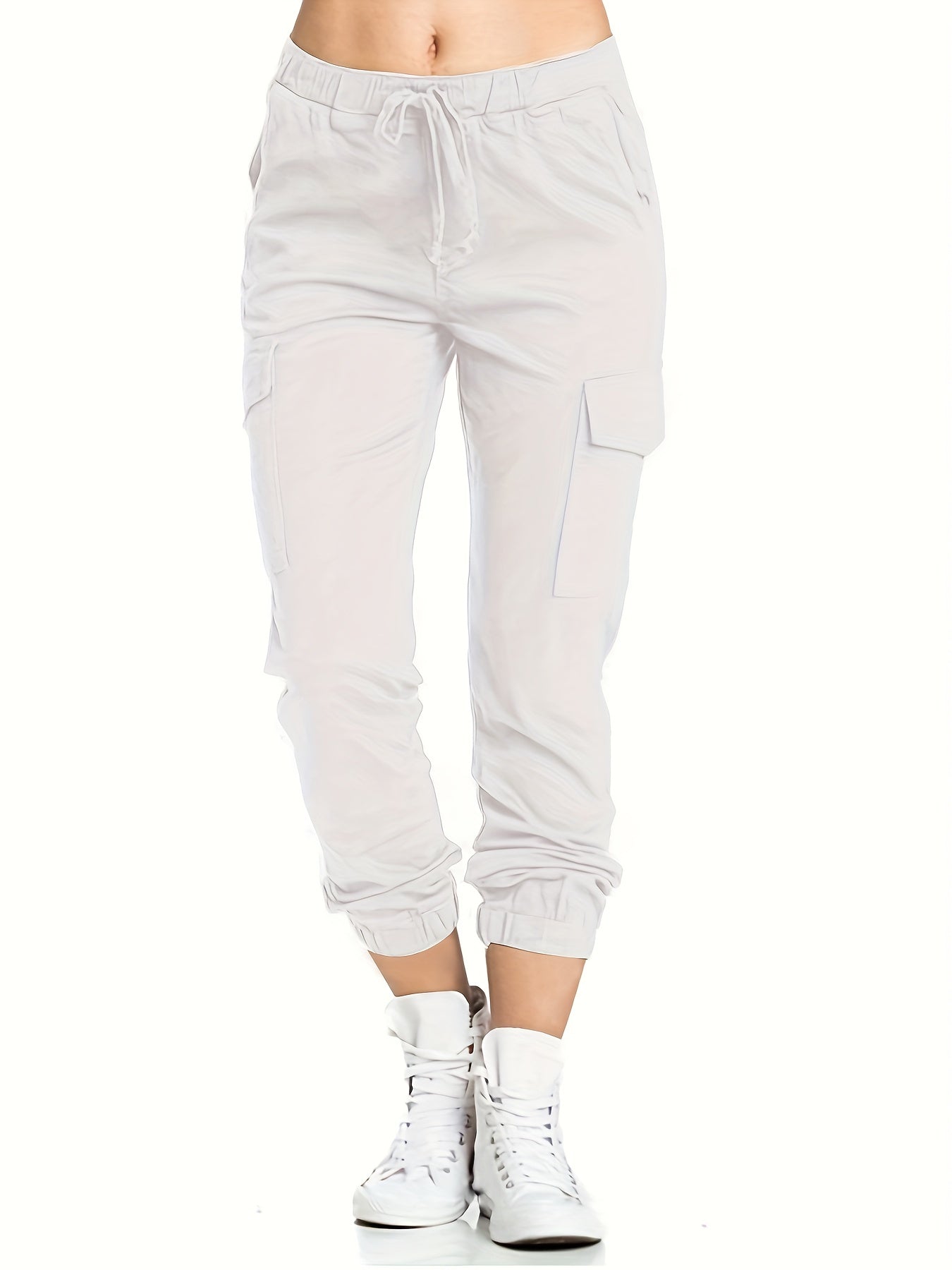Y2K Chic Drawstring Cargo Pants - Stretchy Elastic Waist, Long Length, Multiple Pockets, Casual Comfortable Women's Clothing for Everyday Wear