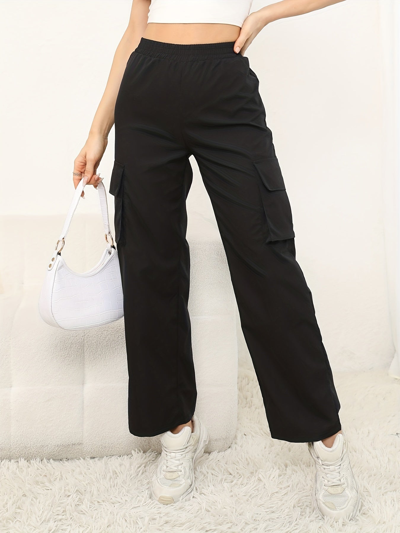 Solid Color Flap Pockets Straight Legs Trouser, High Waist Casual Wide Legs Cargo Pants, Women's Sweatpants