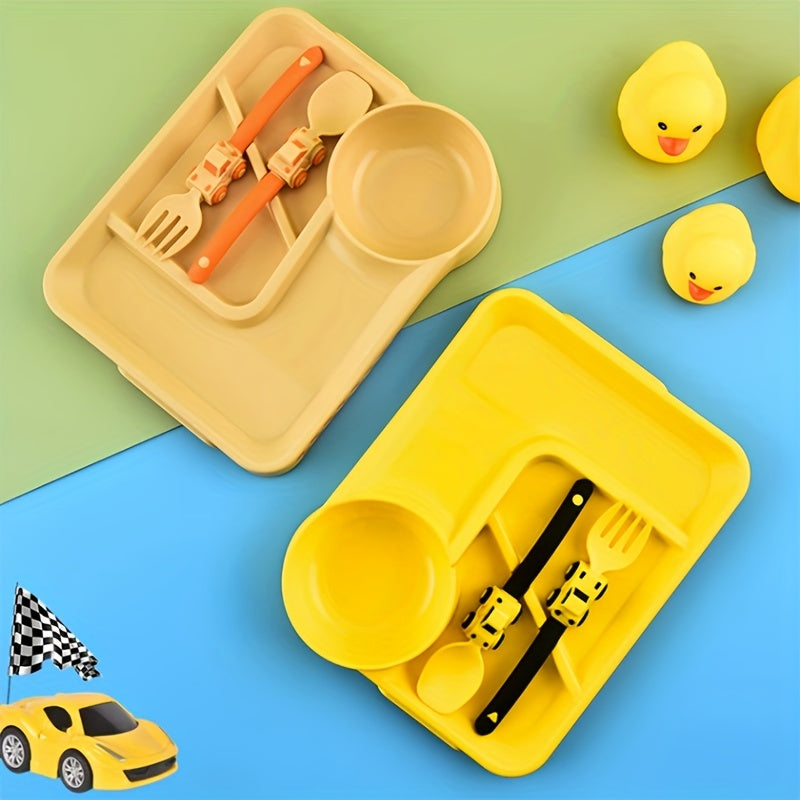 Children's Tableware Cartoon Racing Dinner Plate + Fork Spoon Independent Eating Divided Complementary Food Bowl Baby Suction Cup Non-slip Dinner Plate