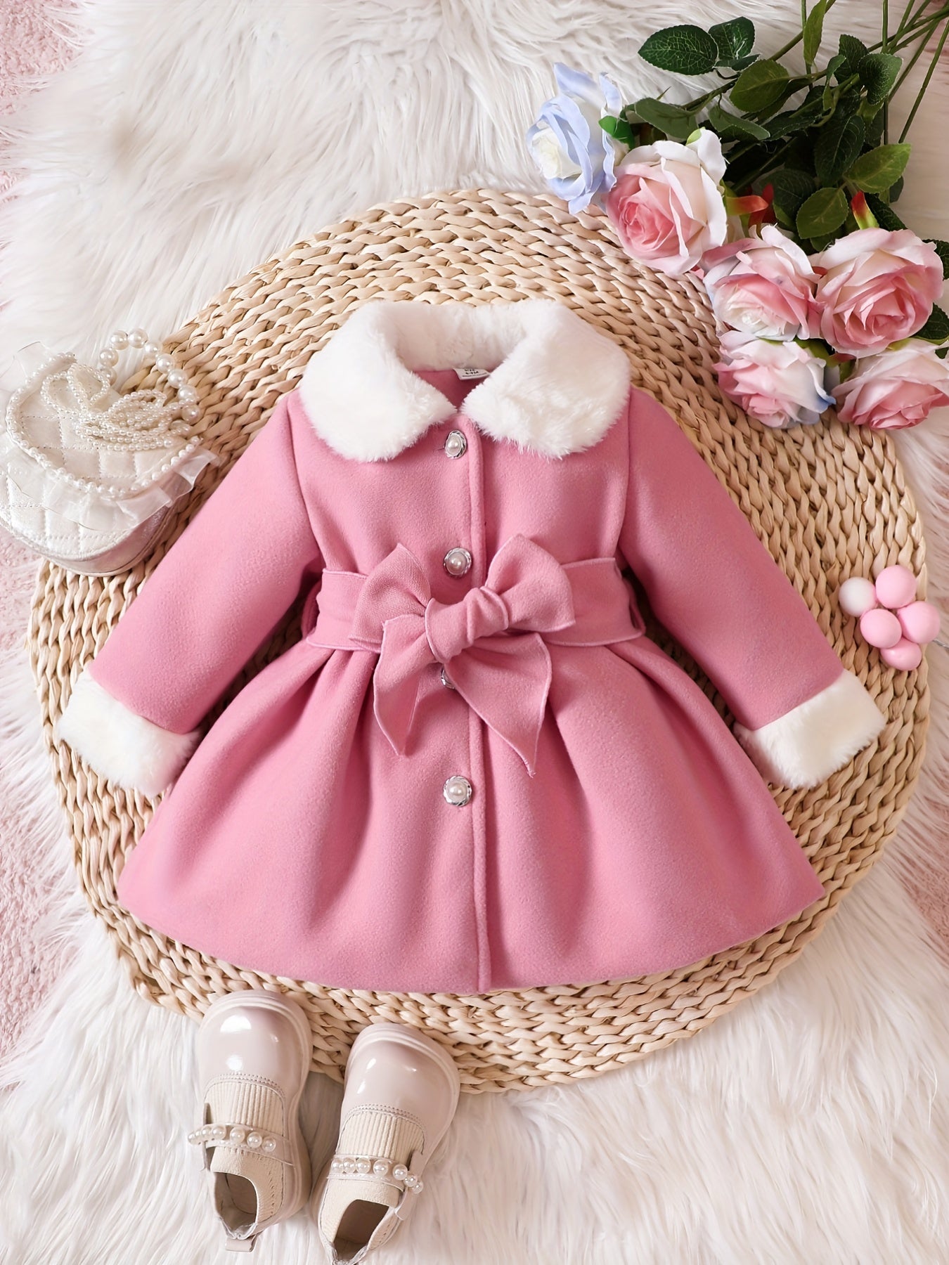 Fashionable And Versatile Coat for Baby Girls in Autumn And Winter, a Perfect Mother'S Day Gift. Adorable Plush Coat with a Bow And Collar, Designed for a Sweet Princess Look. Soft And Comfortable Outerwear to Keep Baby Warm
