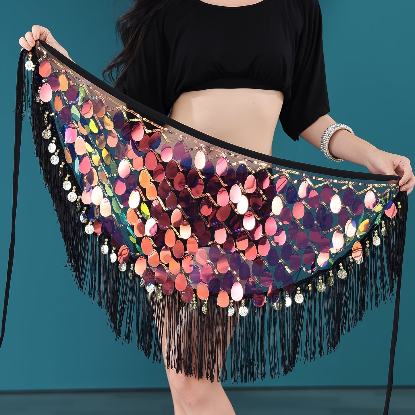 Glitter Triangle Belly Dance Hip Scarf With Tassel, Sequins Wrap Skirt For Women, Rave Outfit Carnival Costume Dance Accessories, Lovely Gifts For Ladies
