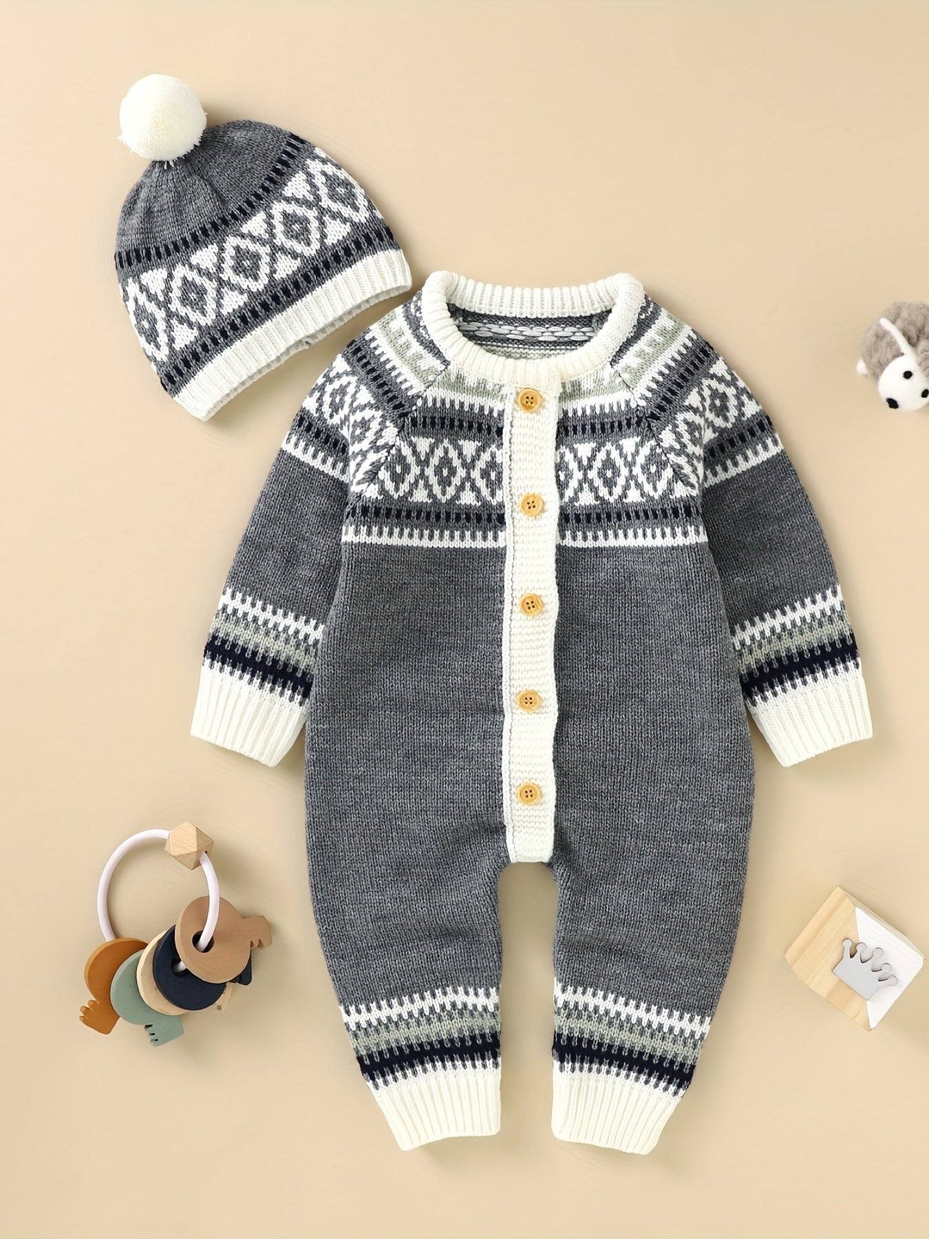 Newborn Infant Geometric Pattern Sweater Romper Long Sleeve Button Jumpsuit & Hat For Toddler Baby Boys And Girls, Suitable For Indoor And Outdoor Wear