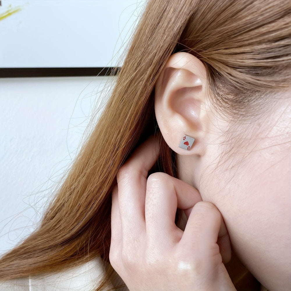 A Pair of Women'S Unique Designer Fashion Playing Card Titanium Steel Earrings, Versatile Heart And Flower A Accessories.