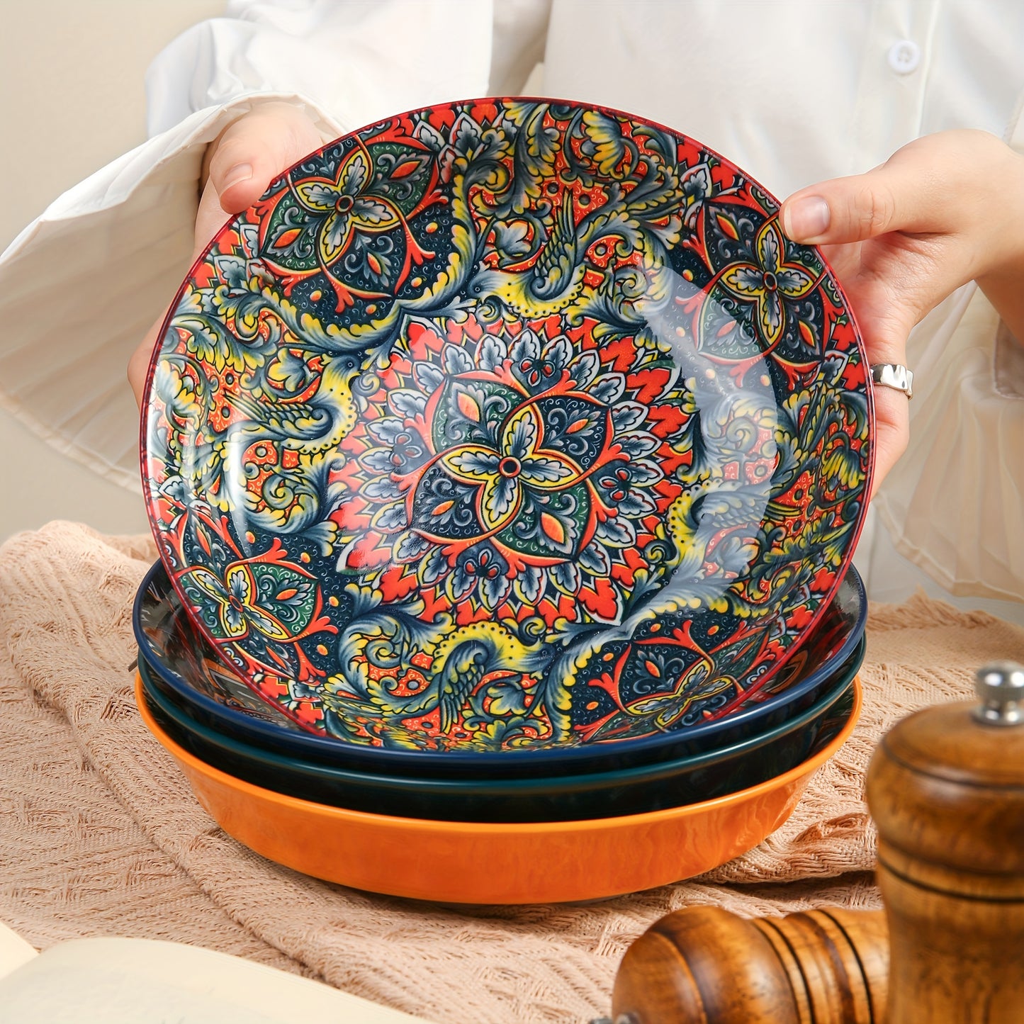 Bohemian Style Flower Themed Ceramic Dinner Plates Set of 2.54 - 20.32 cm Round Decorative All-Season Dishware for Steak, Pasta, Breakfast - Microwave Safe Ceramic Tableware for Restaurant and Home Use