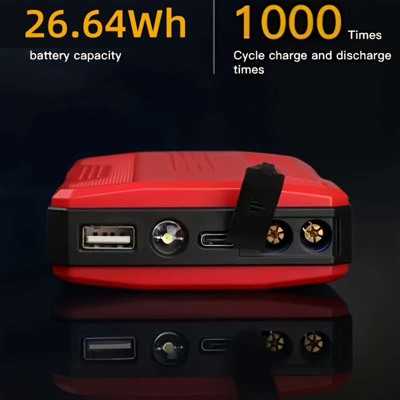 1pc Compact 26.64Wh Emergency Car Jump Starter Power Bank - Safe, Dual-Color, 12V Booster for Petrol & Diesel Vehicles, Portable, Rechargeable, Multi-Functional, LED Flashlight, USB Charging, and Travel-Friendly