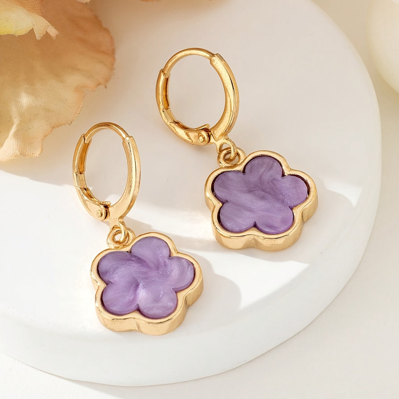Colorful Lucky Flower Design Dangle Earrings Elegant Simple Style Alloy Jewelry Female Earrings