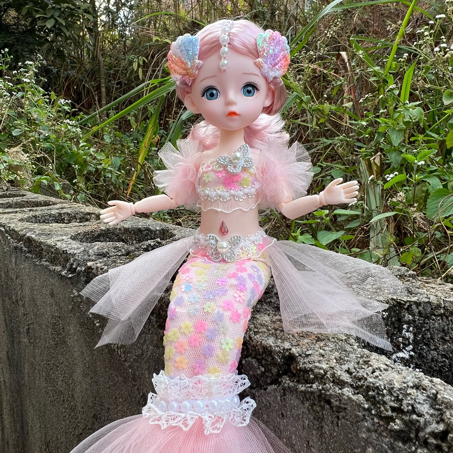 45cm/17.72inch Mermaid Doll Girl Toy Blue Eyed Children's Princess Doll Wedding Dress Doll Family Birthday Gift Fish Tail Can Be Unfolded, Christmas/Halloween/Thanksgiving Gift
