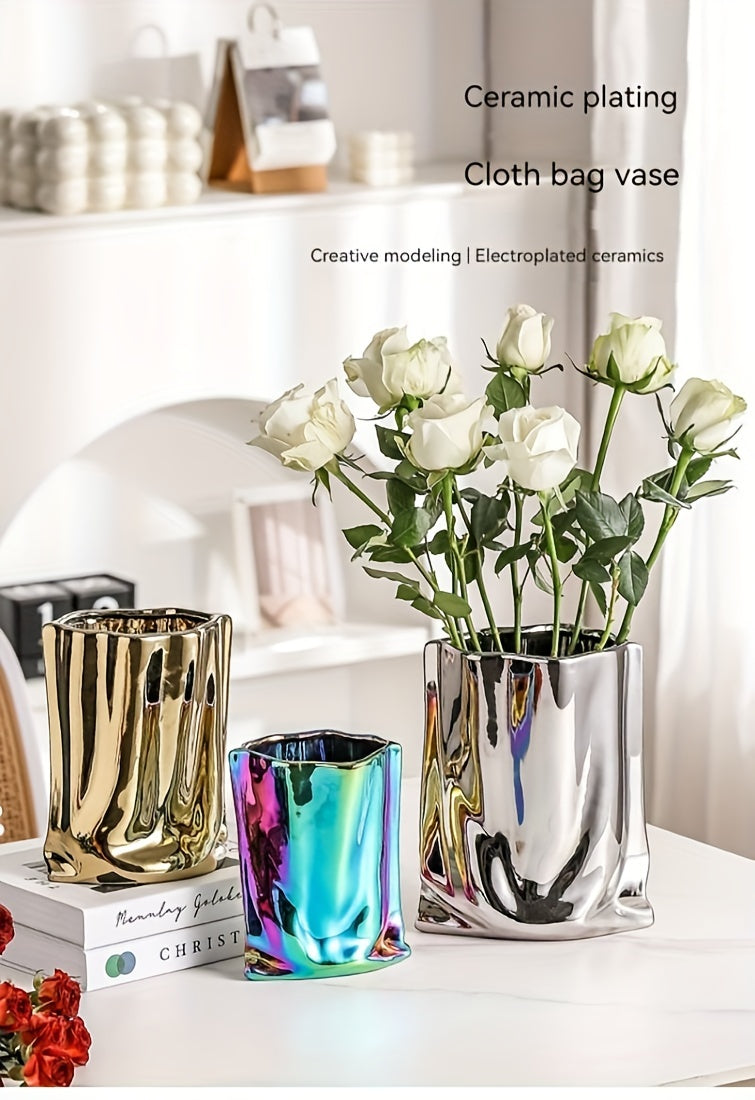 1pc Vase, High-End Light Luxury Decoration, Creative Electroplated and Silvery Ceramic Vase, Artificial Flower Decor