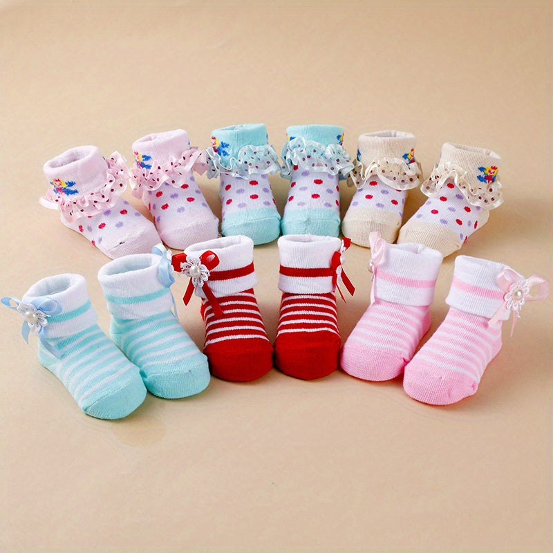 6 Pairs Multicolor Ruffle Socks | Princess Dress Little Girl Big Ruffle Socks for Newborn/Baby/Toddler/Little Girl, Polyester, All-Season, Knit Fabric