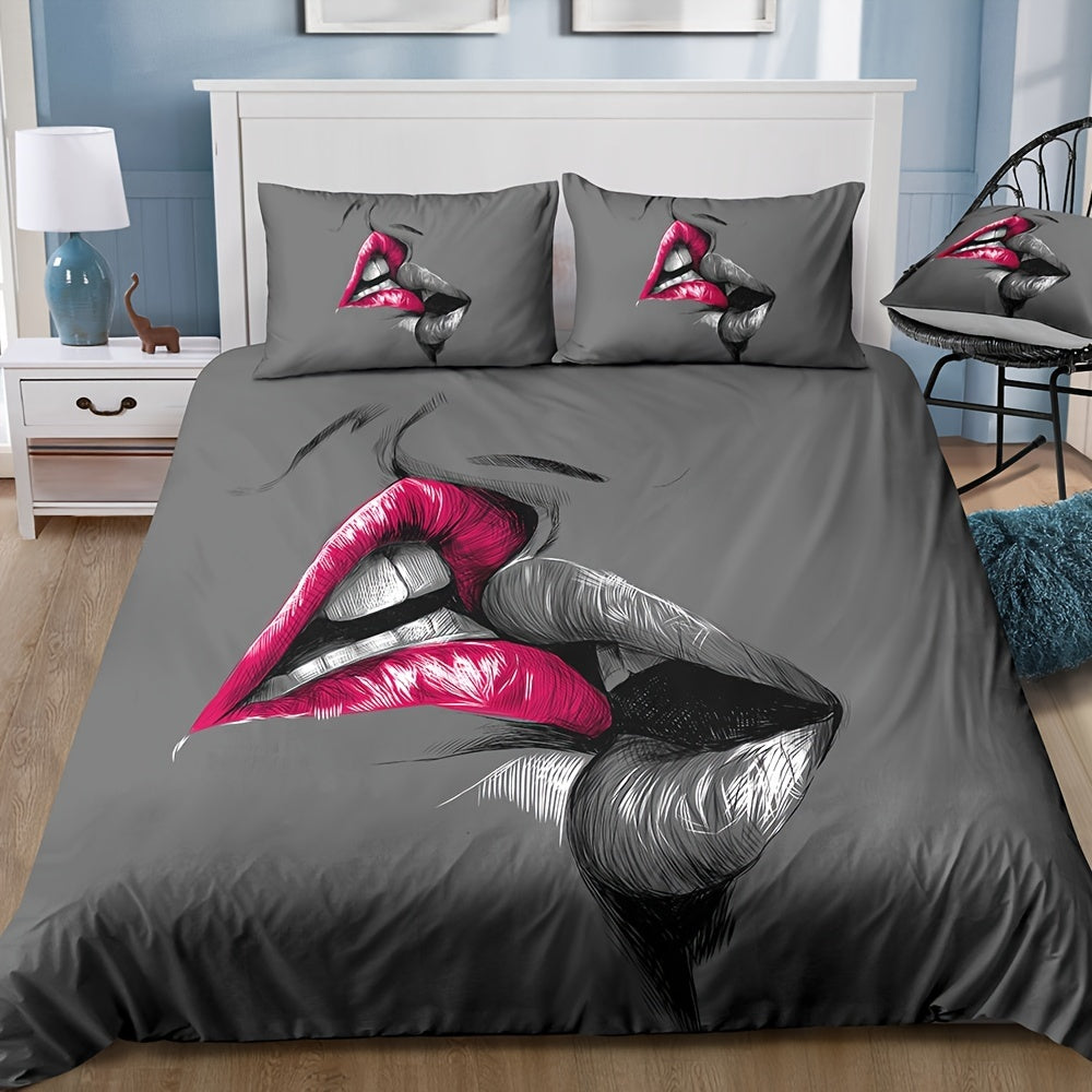 3pcs Couple Bedding Kiss Sketch Crimson Lips Kissing Guest Room Duvet Cover Set (1pc* Duvet Cover + 2pcs Pillowcase, No Pillow Core)