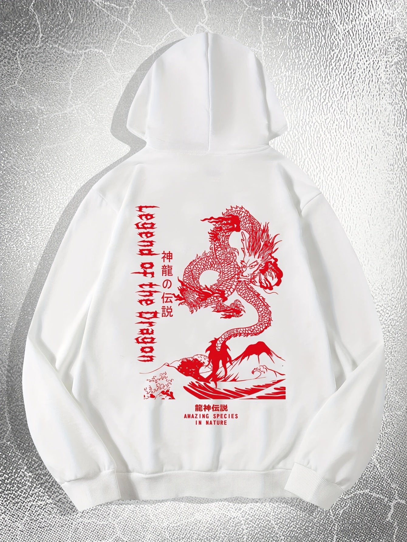 [Dragon Print Hoodie] White Polyester Dragon Print Hoodie - Casual & Trendy, Long Sleeves, Drawstring Hood - Streetwear Style