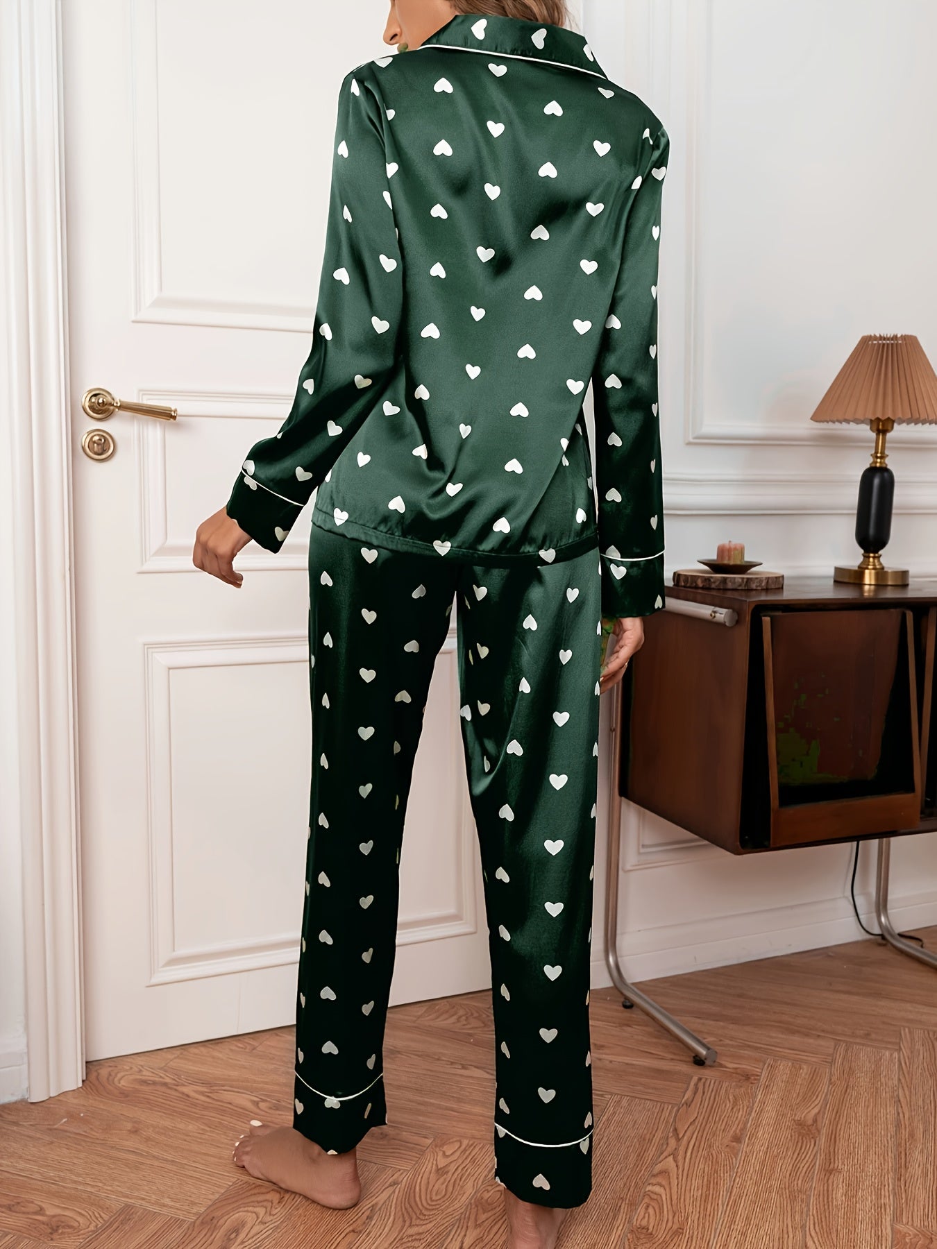 2pcs Set Women's Adult Long Sleeve Sleepwear Pant Sets - Cute Heart Print, Smooth Polyester Fabric - All Season Casual Home Wear | Hand Wash Only | Button Lapel Design