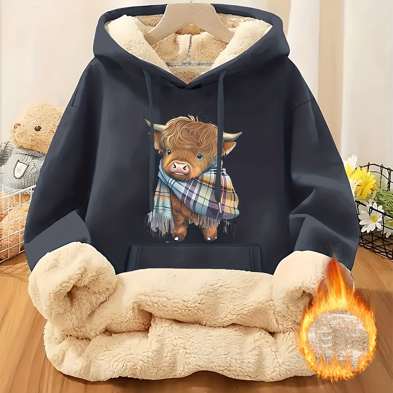 Women's Highland Cow Print Fleece Hooded Sweater - Thickened Winter Warmth, Cozy Plush Lining, Casual Retro Pullover with Pocket, Pink Scottish Cow Design, Sizes XS-XXL (Machine Washable) for Spring, Fall & Winter Layering