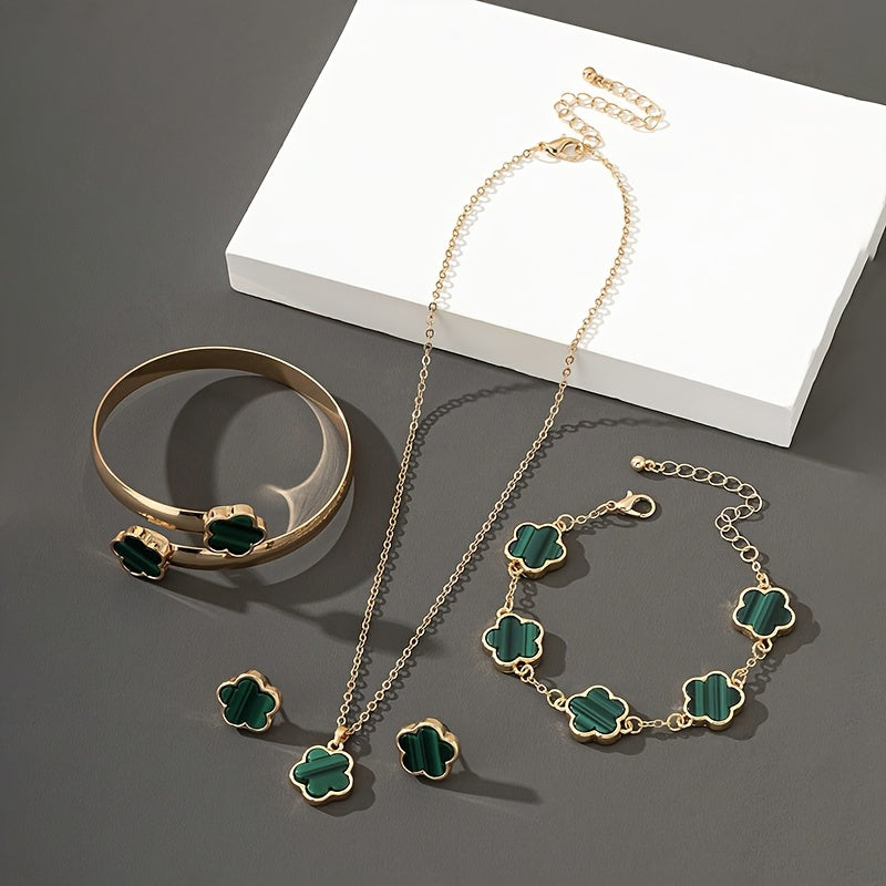 Clover Flower Jewelry Set, Elegant Sexy Style, Includes Clover Bracelet, Bangle, Stud Earrings, And Necklace Delicate Female Jewelry Set