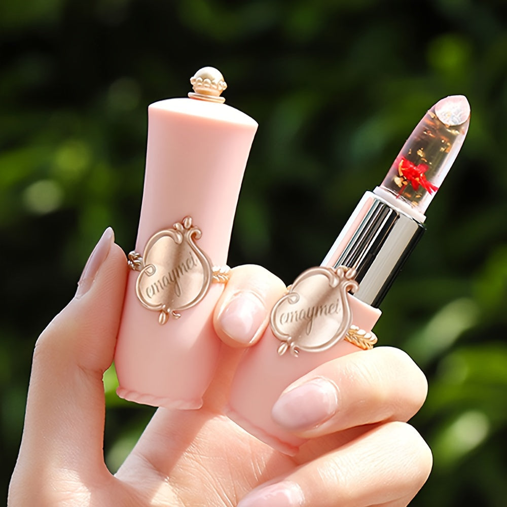 6-Piece Set of emaymei Vibrant Transparent Jelly Change Lipsticks - Featuring Crystal Golden Foil, Delicate Flower Petals, Shimmering Pink Hues, and Long-Lasting Moisturizing Formula for a Perfect Pout