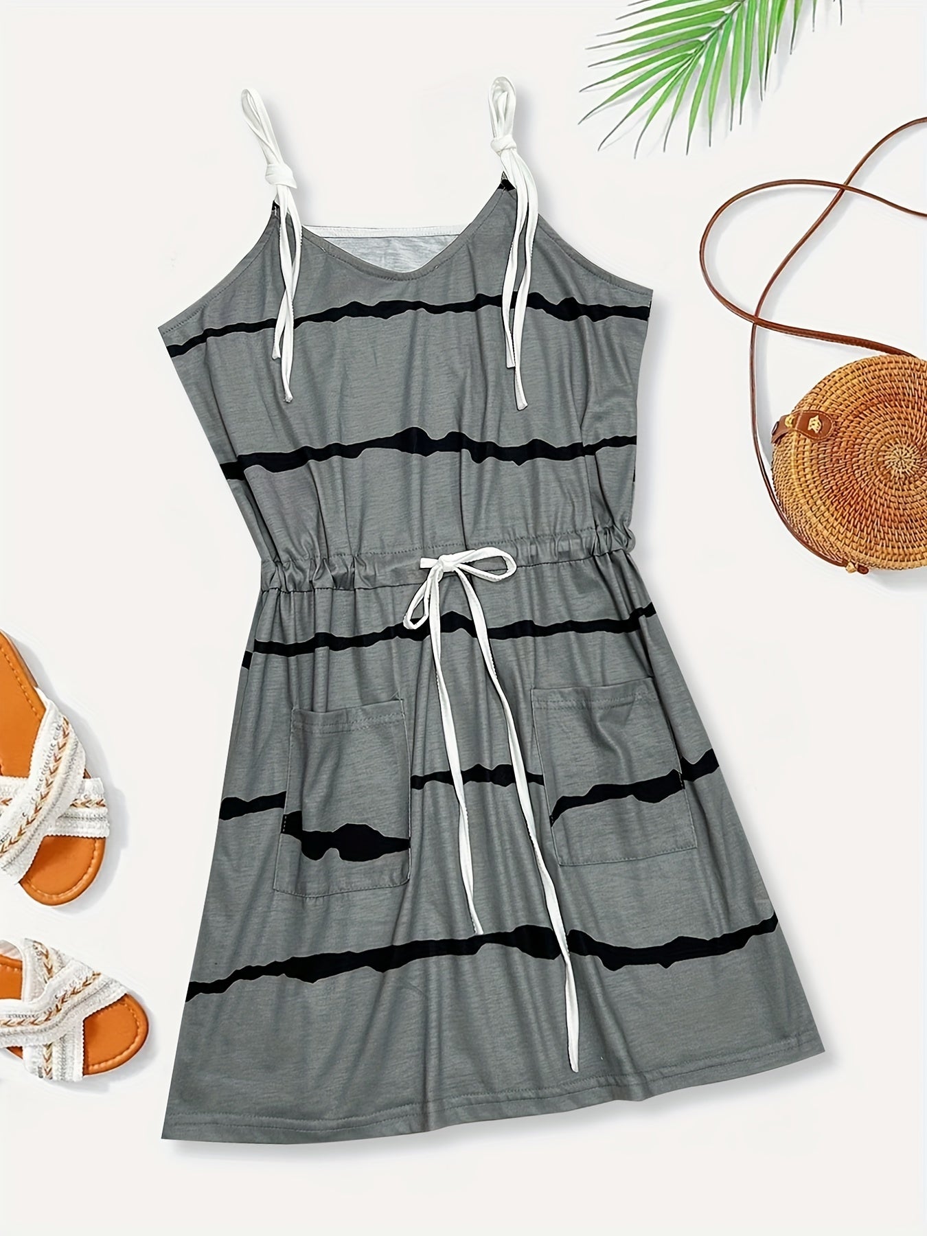 Flattering Color Block Cami Dress - Adjustable Drawstring Waist, Sleeveless for Summer & Spring - Fashionable Womens Day-to-Night Wear