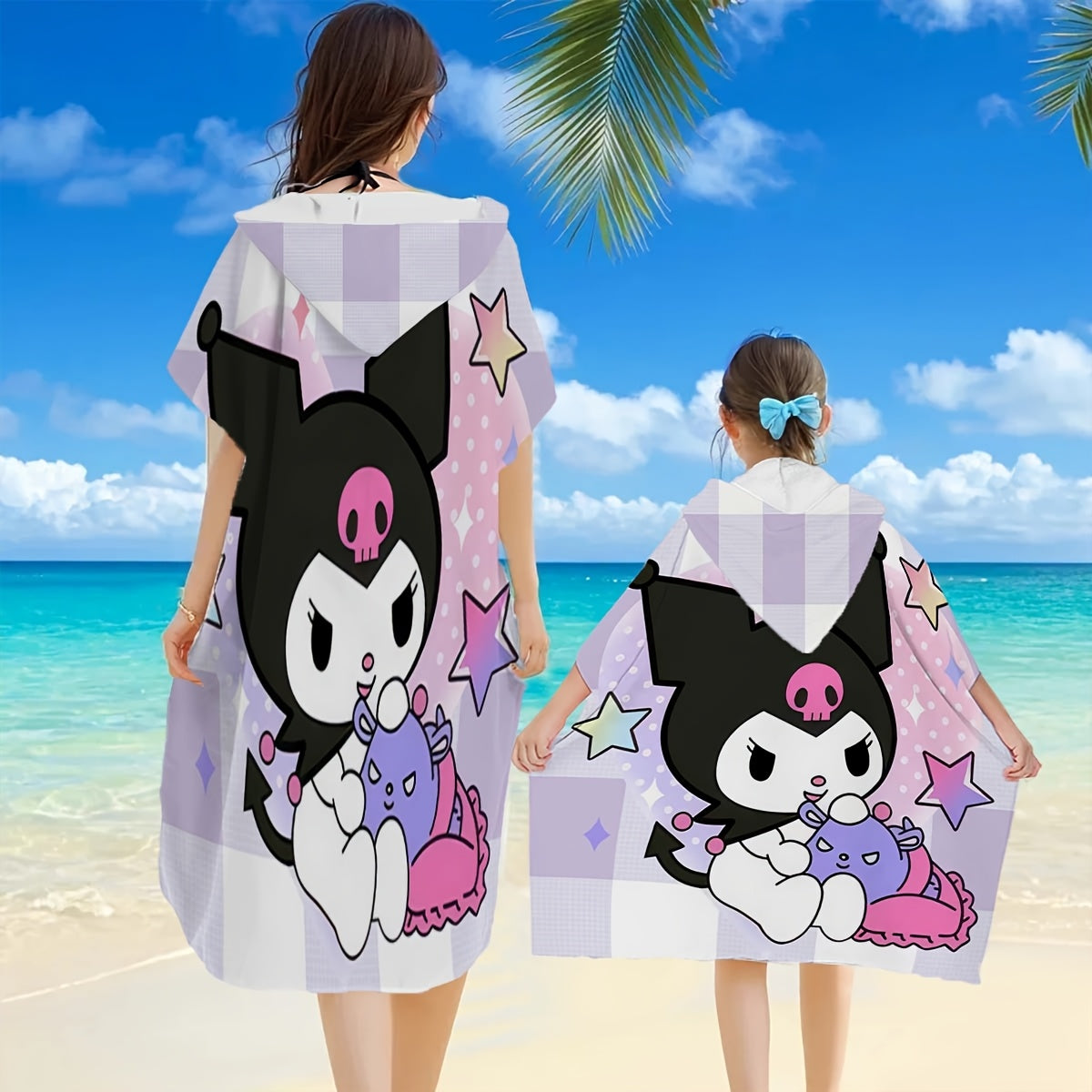1pc Sanrio Kuromi Adult & Wearable Beach Towel with Kuromi Face Hood - Quick-Dry Microfiber Bath Robe, Cute Kuromi Print for Pool, Bath, Travel - Officially Inspired Sanrio Character Outfit