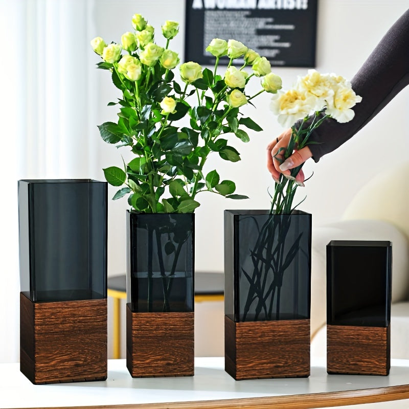 Acrylic Elegant Nordic-Style Vase with Wooden Base - Perfect for Living Room Decor & Floral Arrangements, Ideal Gift for Christmas, Thanksgiving & More