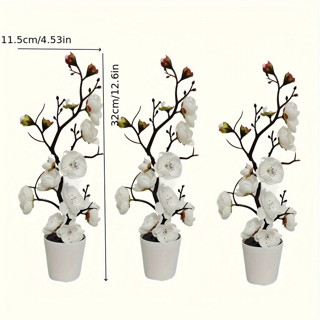 3pcs Elegant Artificial Plum Blossom Set with Vase - Faux Greenery, Simulated Potted Plant, Home Decor and Tabletop Filler, Perfect for Weddings, Festivals, Valentine's Day, Office, DIY Decorations, All-Season Artificial