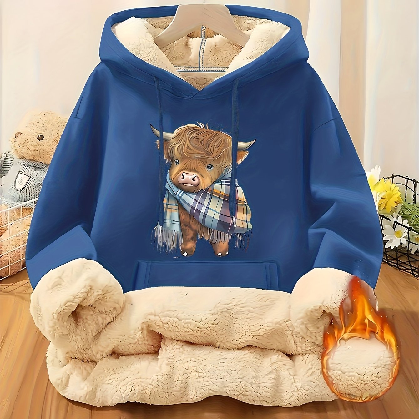 Women's Highland Cow Print Fleece Hooded Sweater - Thickened Winter Warmth, Cozy Plush Lining, Casual Retro Pullover with Pocket, Pink Scottish Cow Design, Sizes XS-XXL (Machine Washable) for Spring, Fall & Winter Layering