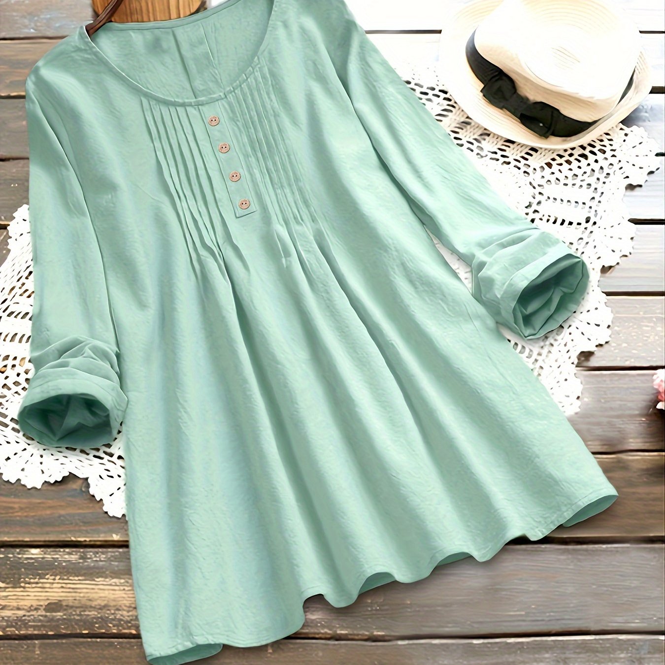 Plus Size - Plus Size Women'S Long Sleeve Loose Fit Round Neck Blouse - Light Green Pleated Casual Shirt with Button Details, Non-Stretch Fabric, Perfect for Spring/Fall, Ladies Blouses