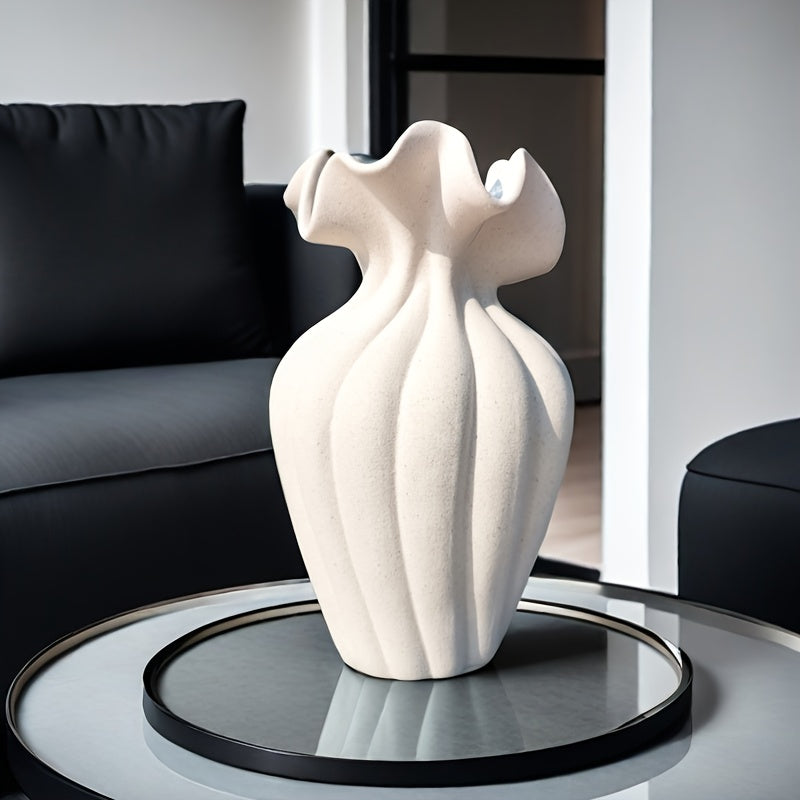 Elegant 20cm Striped Ceramic Vase with Skirt Element Design - Modern Art Style, Perfect for Fresh and Hydroponic Flowers, International Style, Flower Arrangement | Elegant Decor | Striped Texture, Vases Home Decor