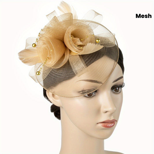 1pcs Women Mesh Flower Faux Feather Fascinator For Tea Party Birthday Horce-Racing Wedding Hat Derbyhat Church Hat