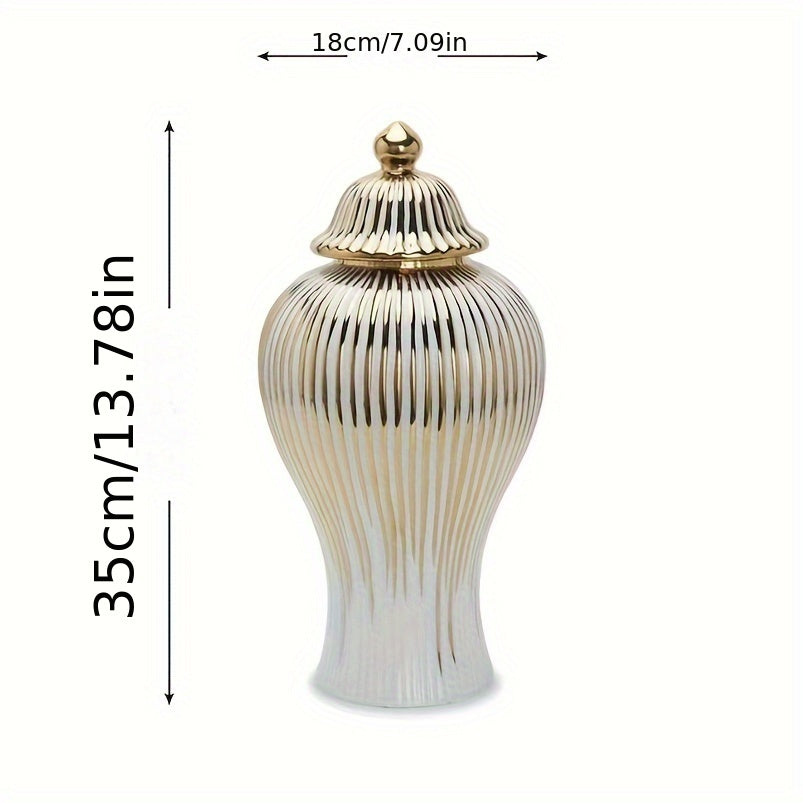 Elegant Ceramic Vase with Gold-Plated Trim - Striped Design for Home Decor, Perfect for Living Room & Entryway