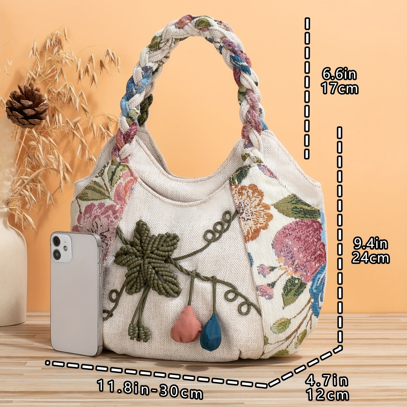 Foldable Zipper Closure Bohemian Style Handmade Flower Tote Bag - Fixed Shoulder Strap, with Wristlet, for Vacation