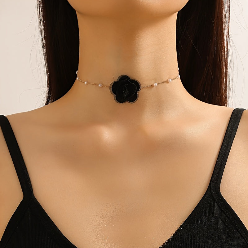 1pc Elegant Coquette Style 18K Golden Plated Faux Pearl Choker Necklace with Acrylic Fiber Flower, Versatile for Daily Wear, Parties, Weddings, and Special Occasions
