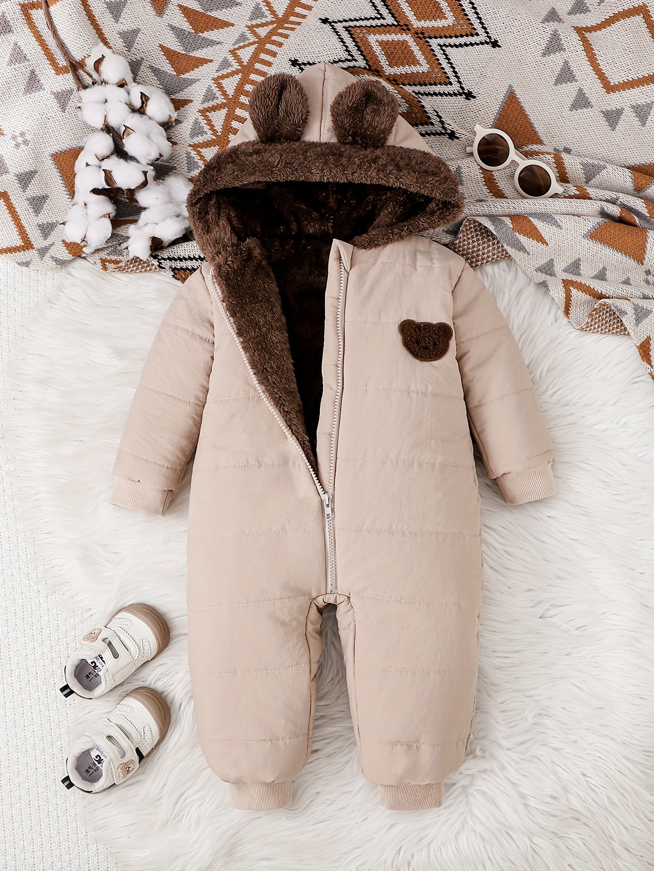 Baby Boy Winter Jumpsuit, Soft Plush Onesie with Hood, Warm Outfit Easy Diaper Change Loose Fit, Newborn Clothing for Infant & Toddler, Perfect for Cold Weather Outdoor & Photoshoots