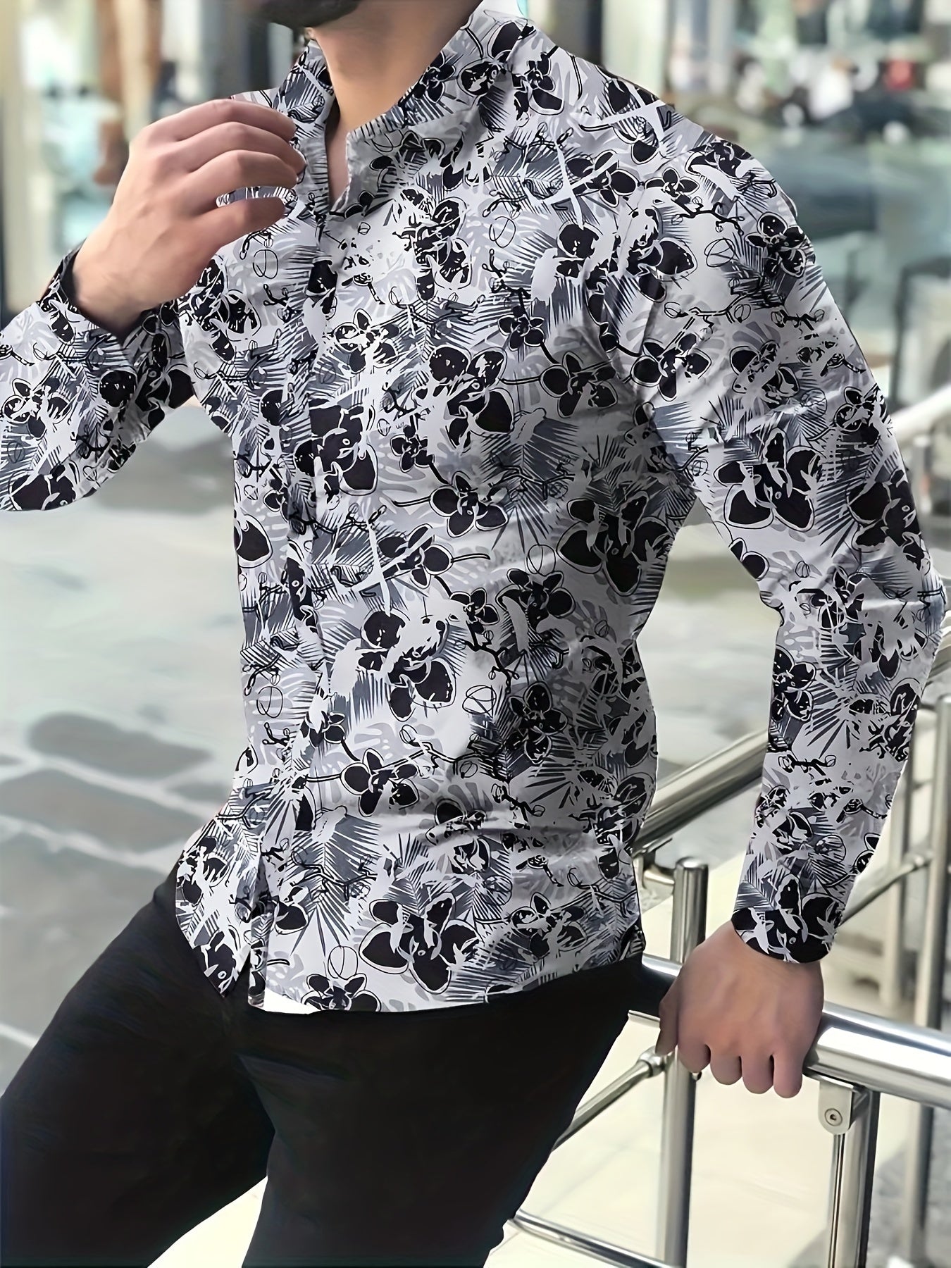 Retro Style Flower Print Men's Casual Long Sleeve Button Up Lapel Shirt, Spring Fall